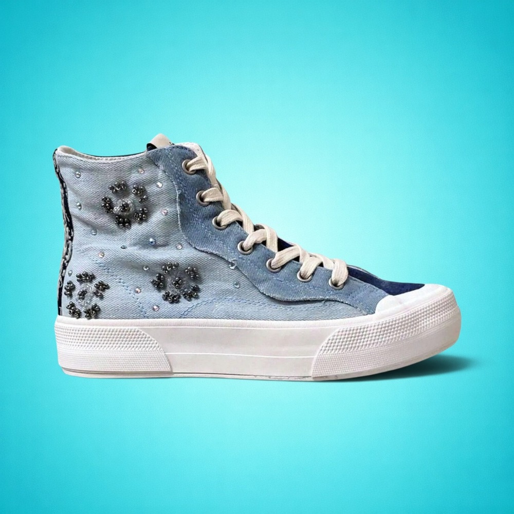 Women's Desigual Patchwork Denim High-Top Sneakers, Blue Beaded Floral, Size 10